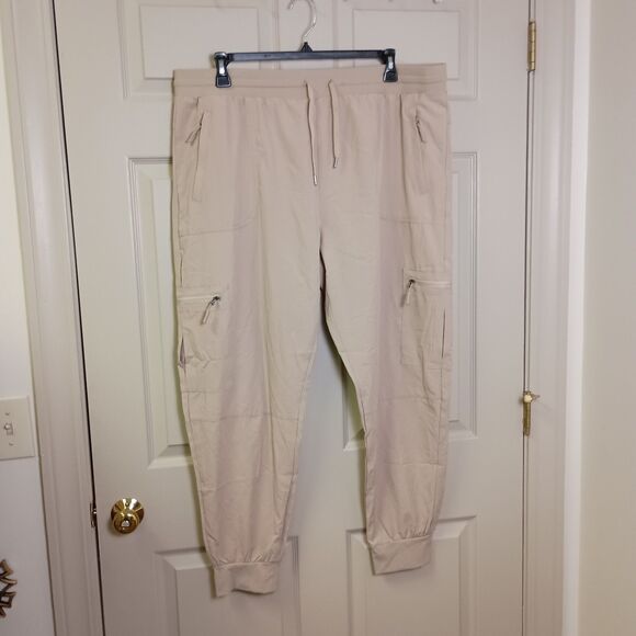Womens Jogger Pants Beige Plus Size XXXL Pull On Zipper Pockets Drawstring - Picture 1 of 6